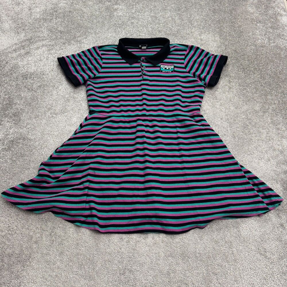 Hot Topic Sad Song A-Line Mini Polo Dress Womens 2 Green Pink Black Striped Y2K